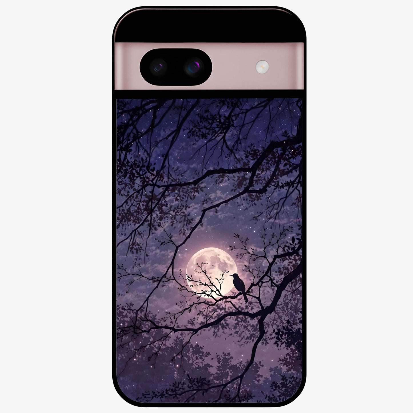 Whispering Moon Silence Glass Case showing flat back view with serene moon themed artwork and glossy glass finish.