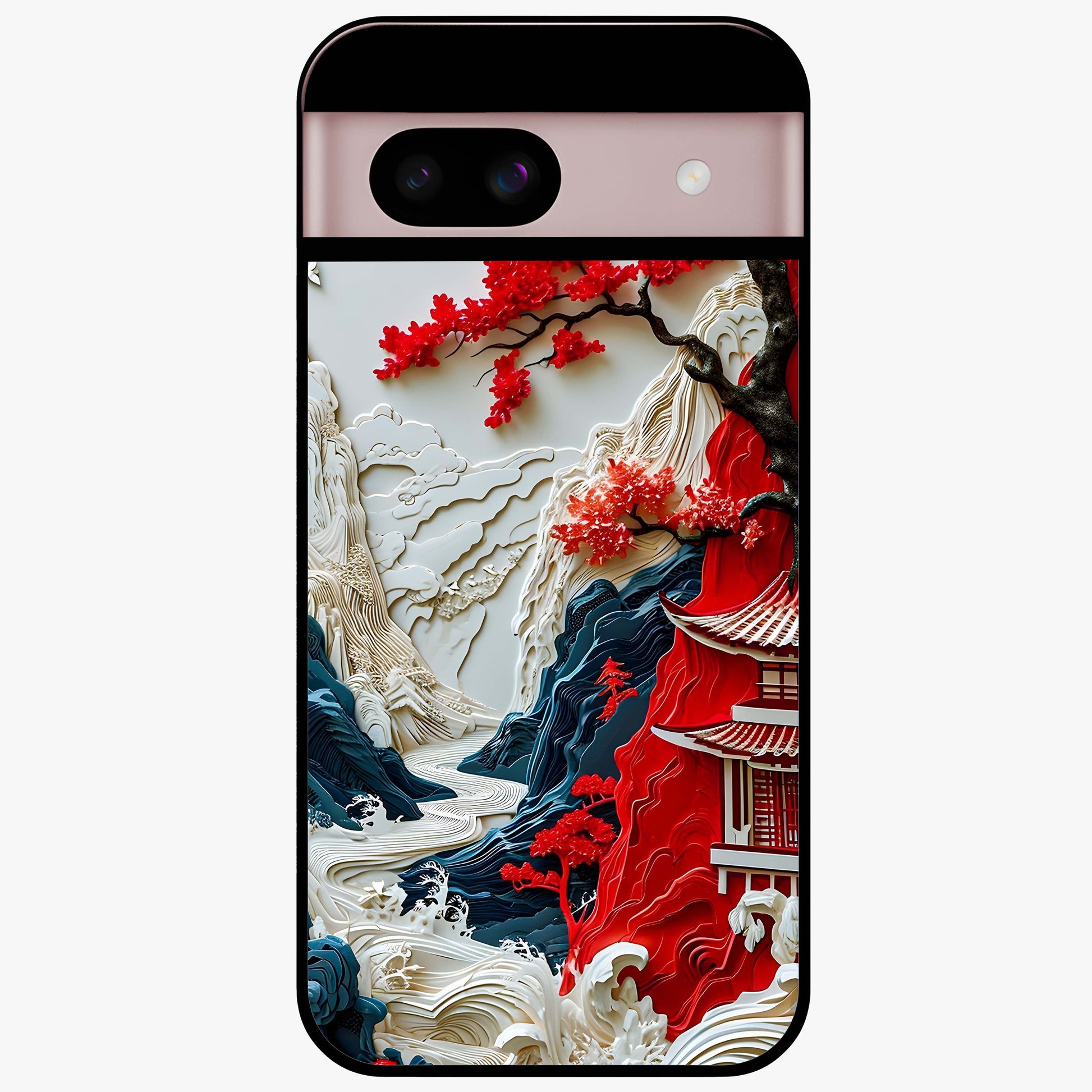 Whispers Of Sakura Waves Glass Case showing flat back view with cherry blossom wave artwork and glossy glass finish.