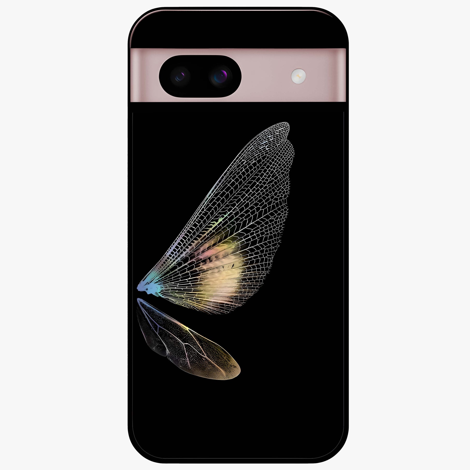 Whispers Of Wings Glass Case showing flat back view with graceful wing inspired artwork and glossy glass finish.