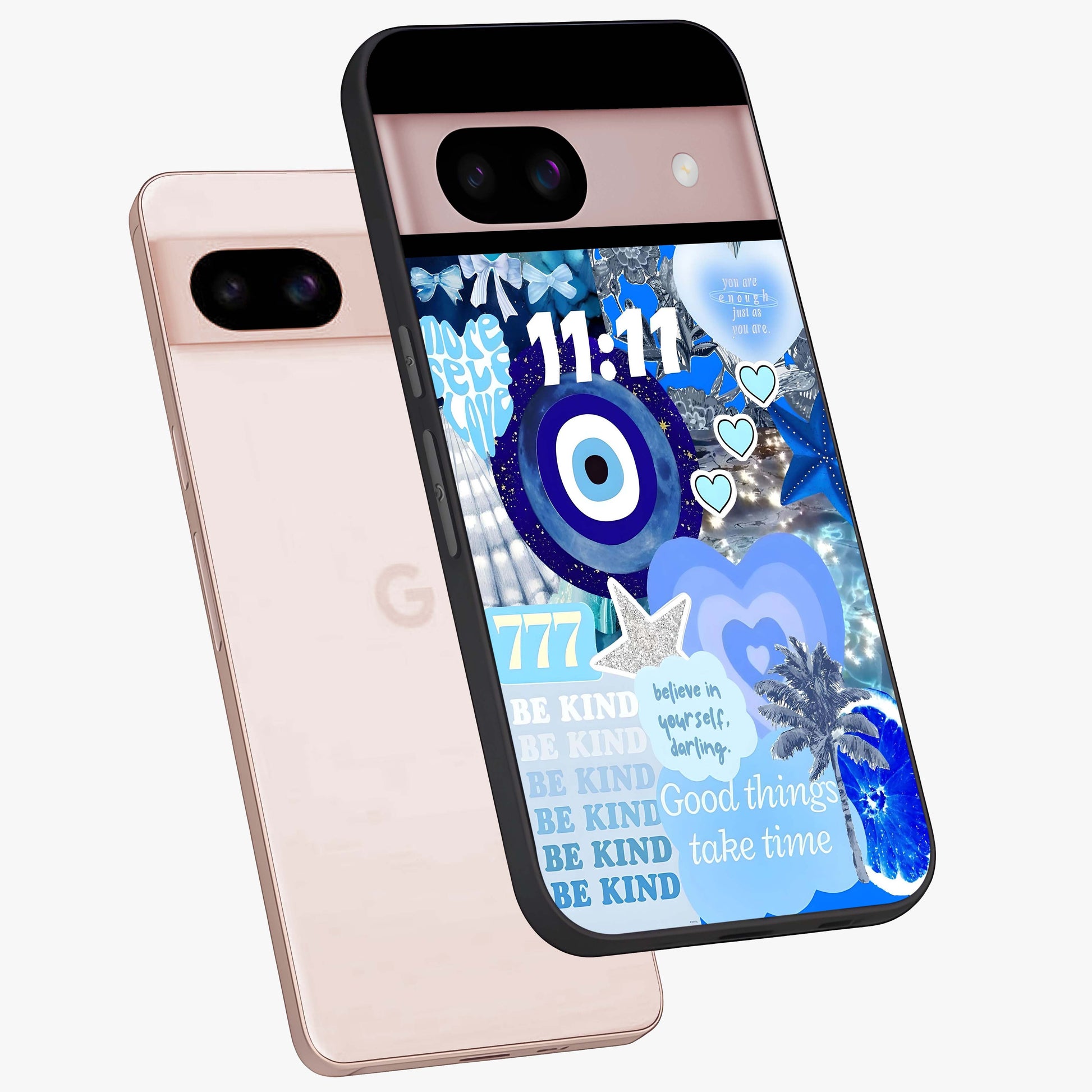 Aesthetic Be Kind Eye Glass Case displayed in angled mockup highlighting aesthetic eye design and inspirational vibe.