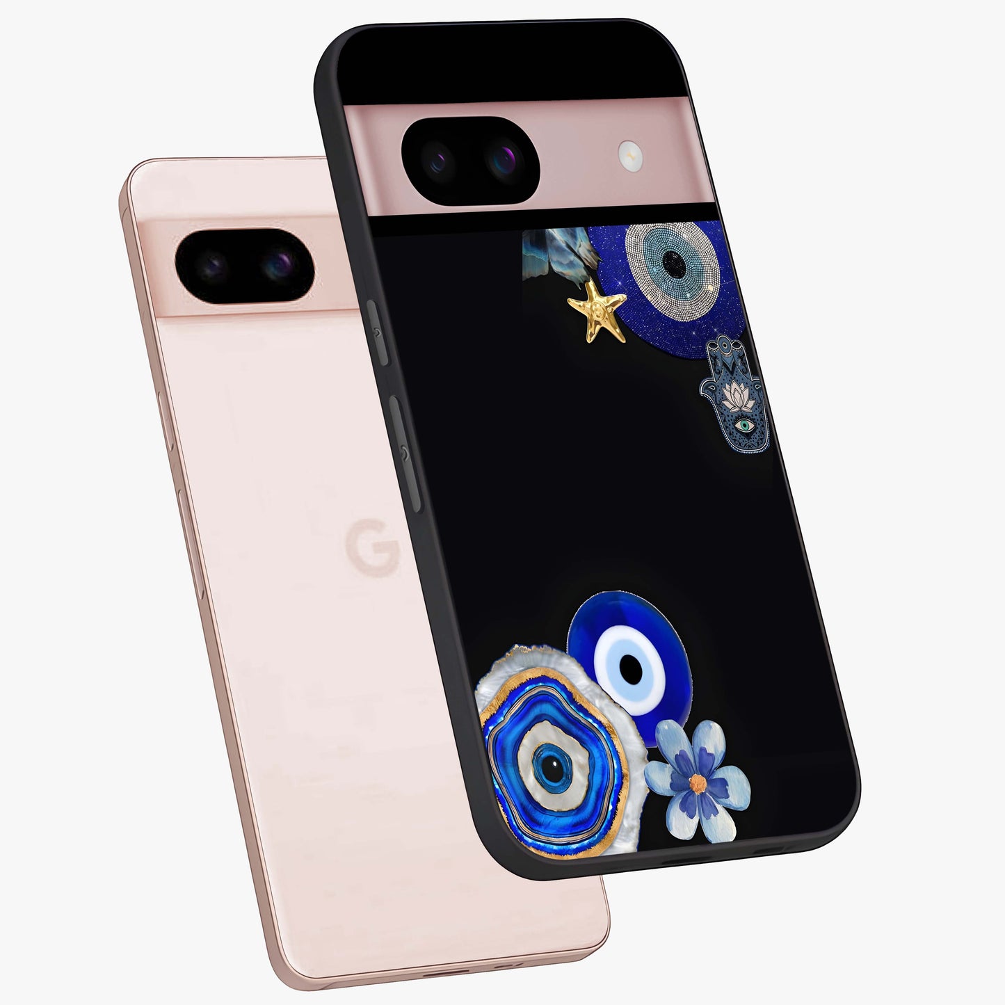 Aesthetic Blue Evil Eye Glass Case displayed in angled mockup highlighting blue evil eye symbol and spiritual aesthetic design.