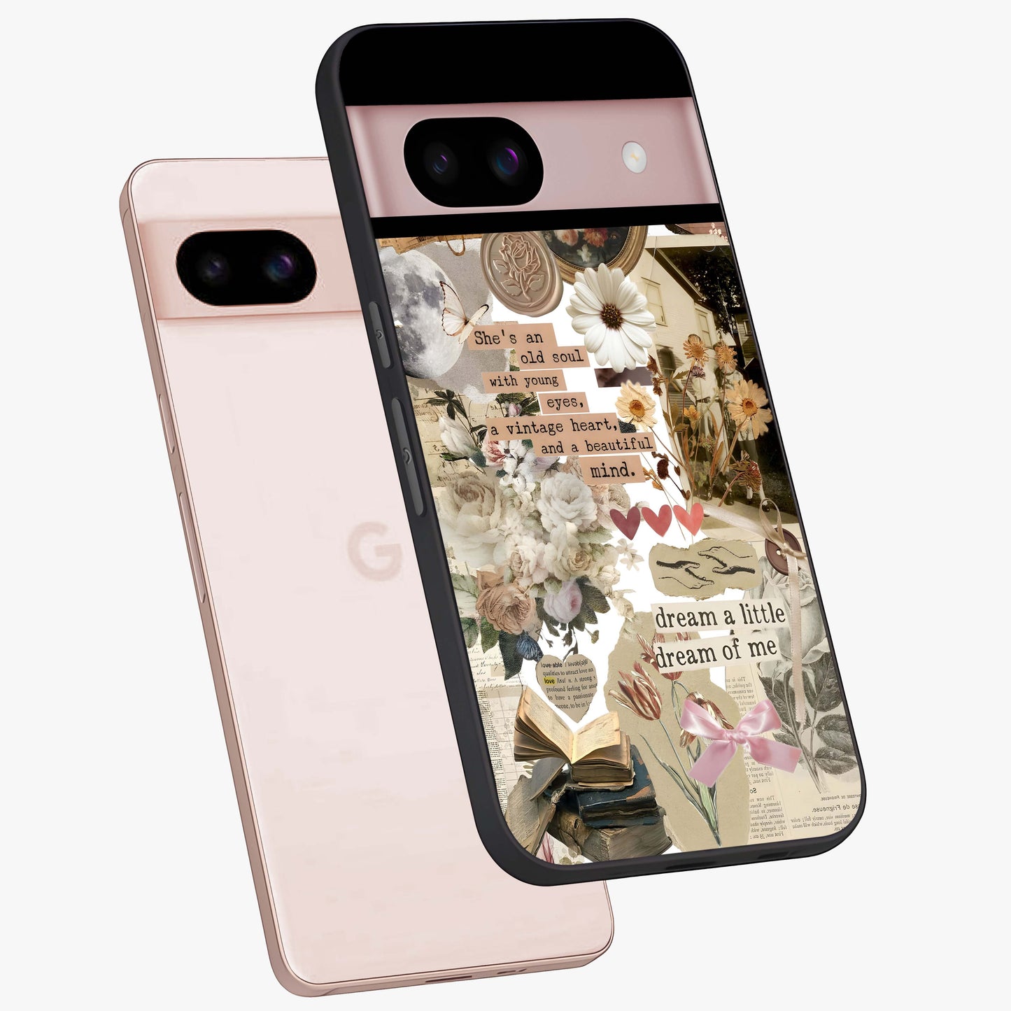 Aesthetic Brown Vintage Collage Glass Case displayed in angled mockup highlighting vintage aesthetic collage design.