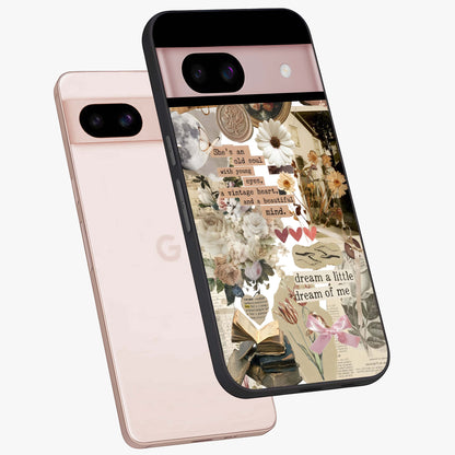 Aesthetic Brown Vintage Collage Glass Case displayed in angled mockup highlighting vintage aesthetic collage design.