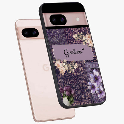 Antique Floral Whisper Custom Name Glass Case displayed in angled mockup highlighting elegant antique floral aesthetic.