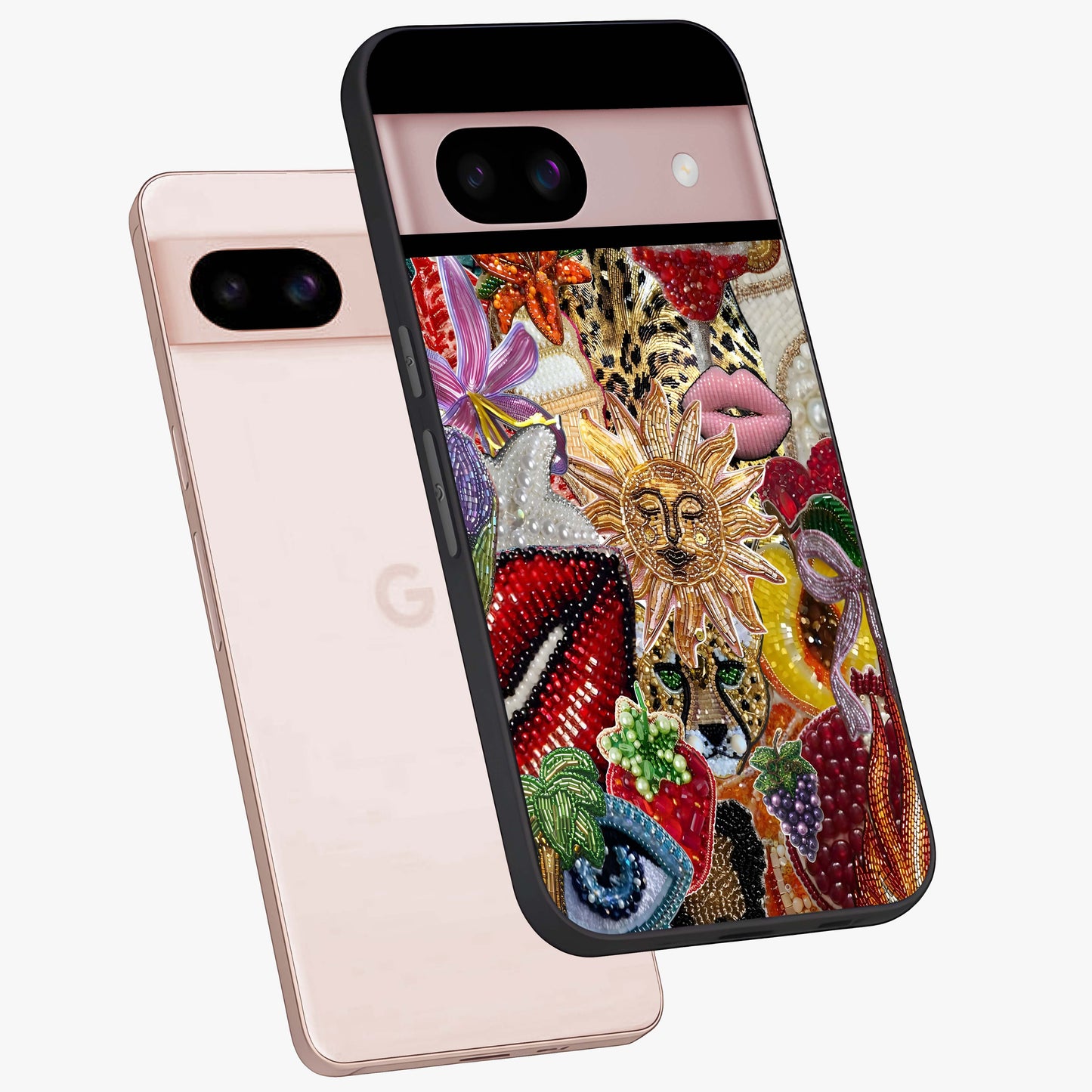 Beaded Fashion Jungle Glass Case displayed in angled mockup highlighting colorful fashion bead design and artistic pattern.