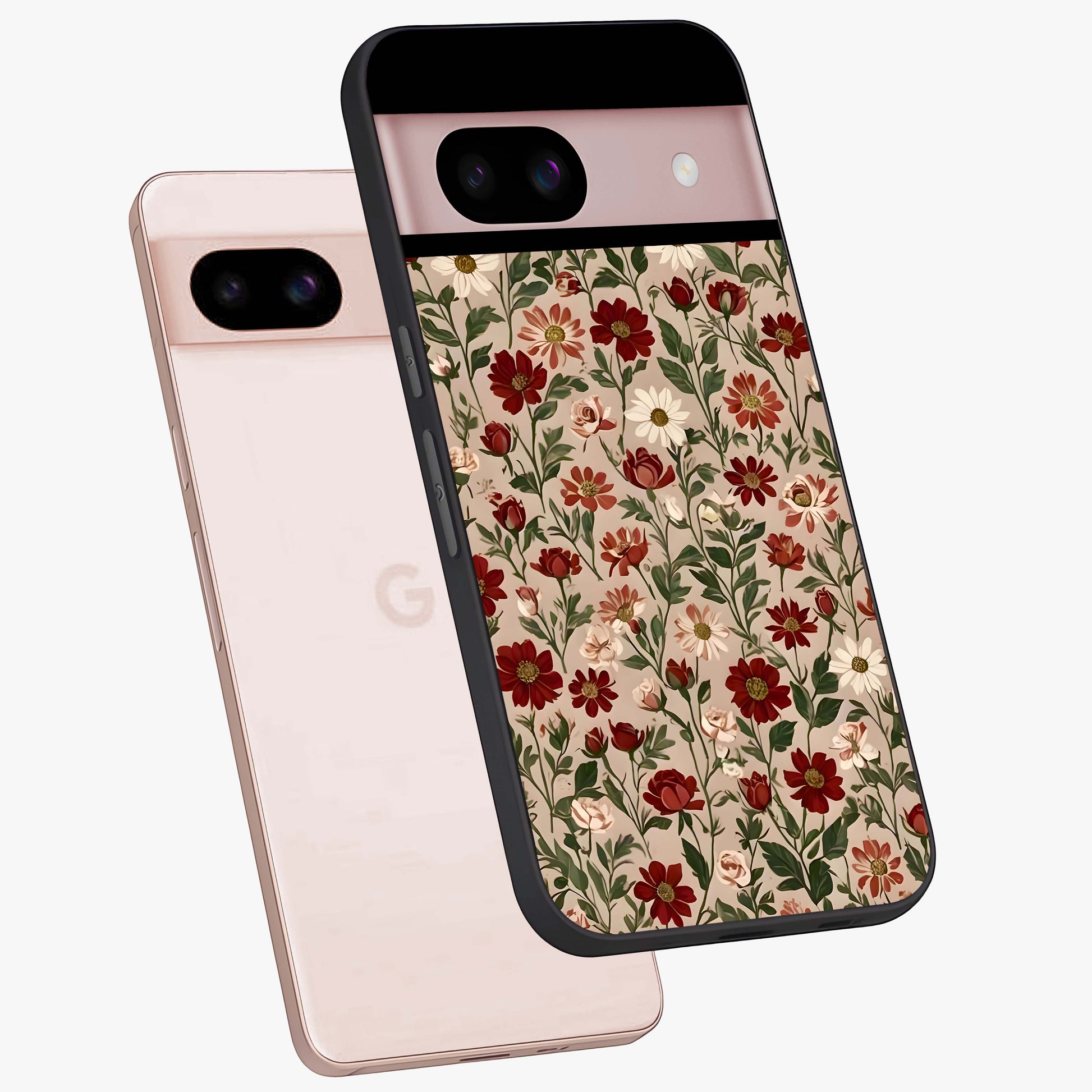Biege Flower With Leaf Glass Case displayed in angled mockup highlighting minimal floral leaf design and elegant aesthetic.