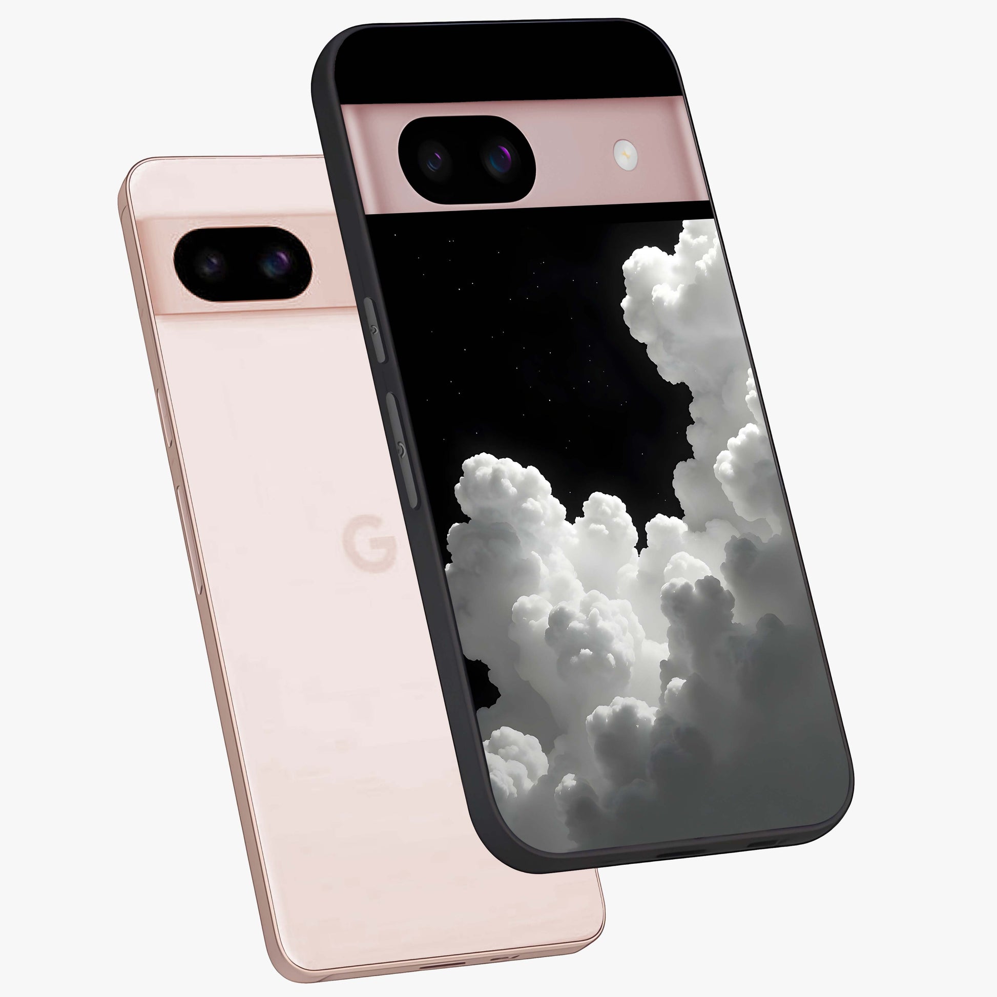 Black Background With White Cloud Glass Case displayed in angled mockup highlighting soft white cloud illustration and minimal design.