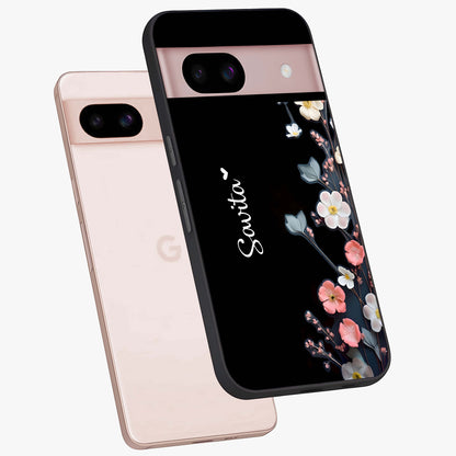 Black Elegance Floral Custom Name Glass Case displayed in angled mockup highlighting dark floral aesthetic and custom name feature.