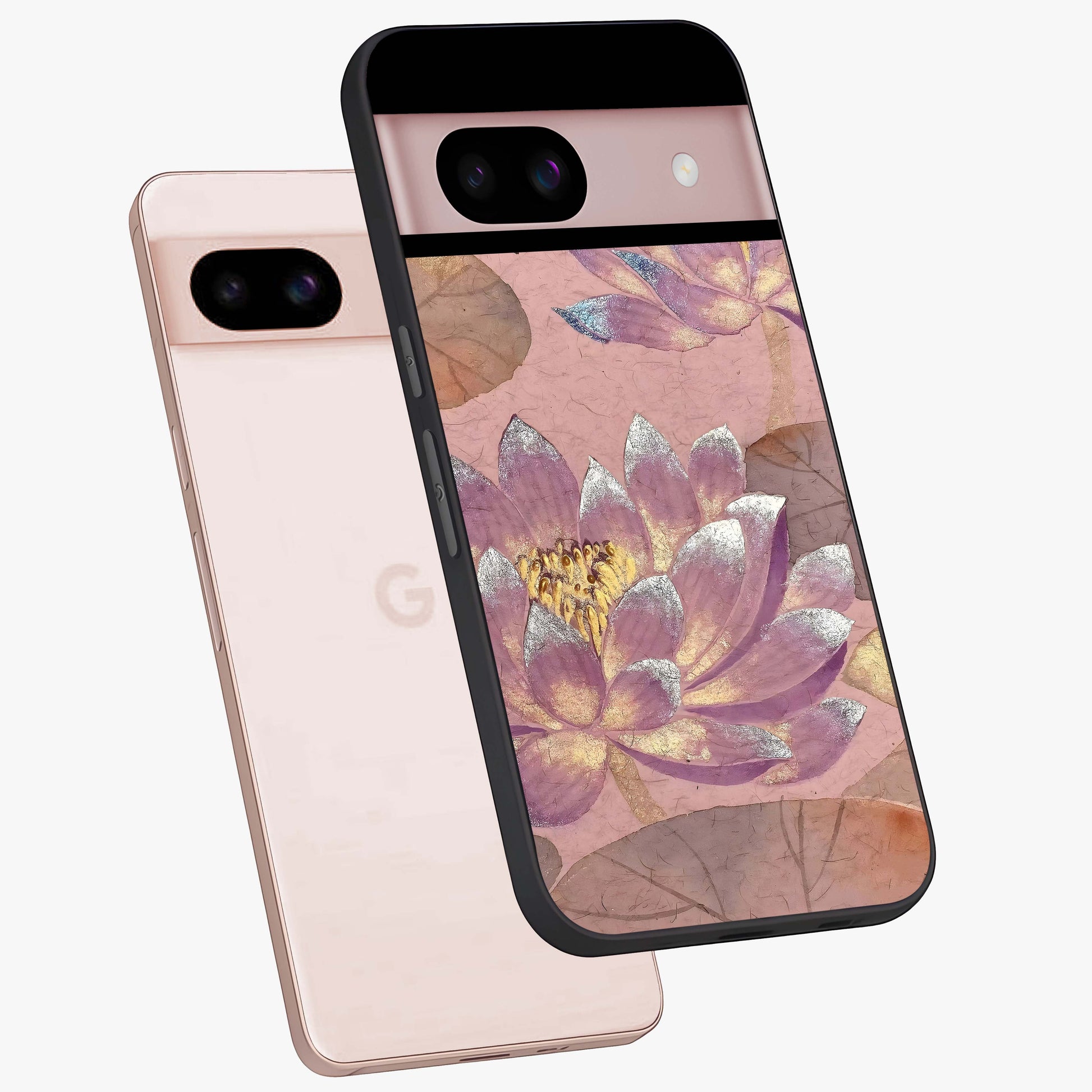 Blossom Mist Lotus Glass Case displayed in angled mockup highlighting delicate lotus illustration with calm aesthetic theme.