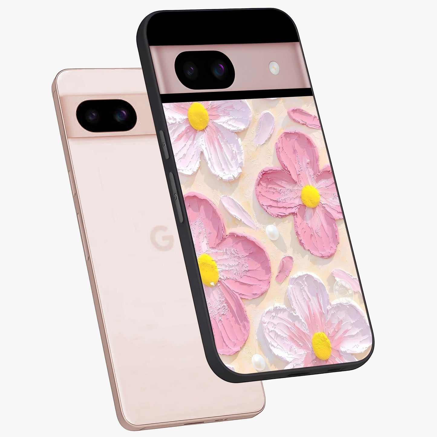 Blush Bloom Texture Glass Case displayed in angled mockup highlighting subtle bloom pattern with aesthetic pastel design.