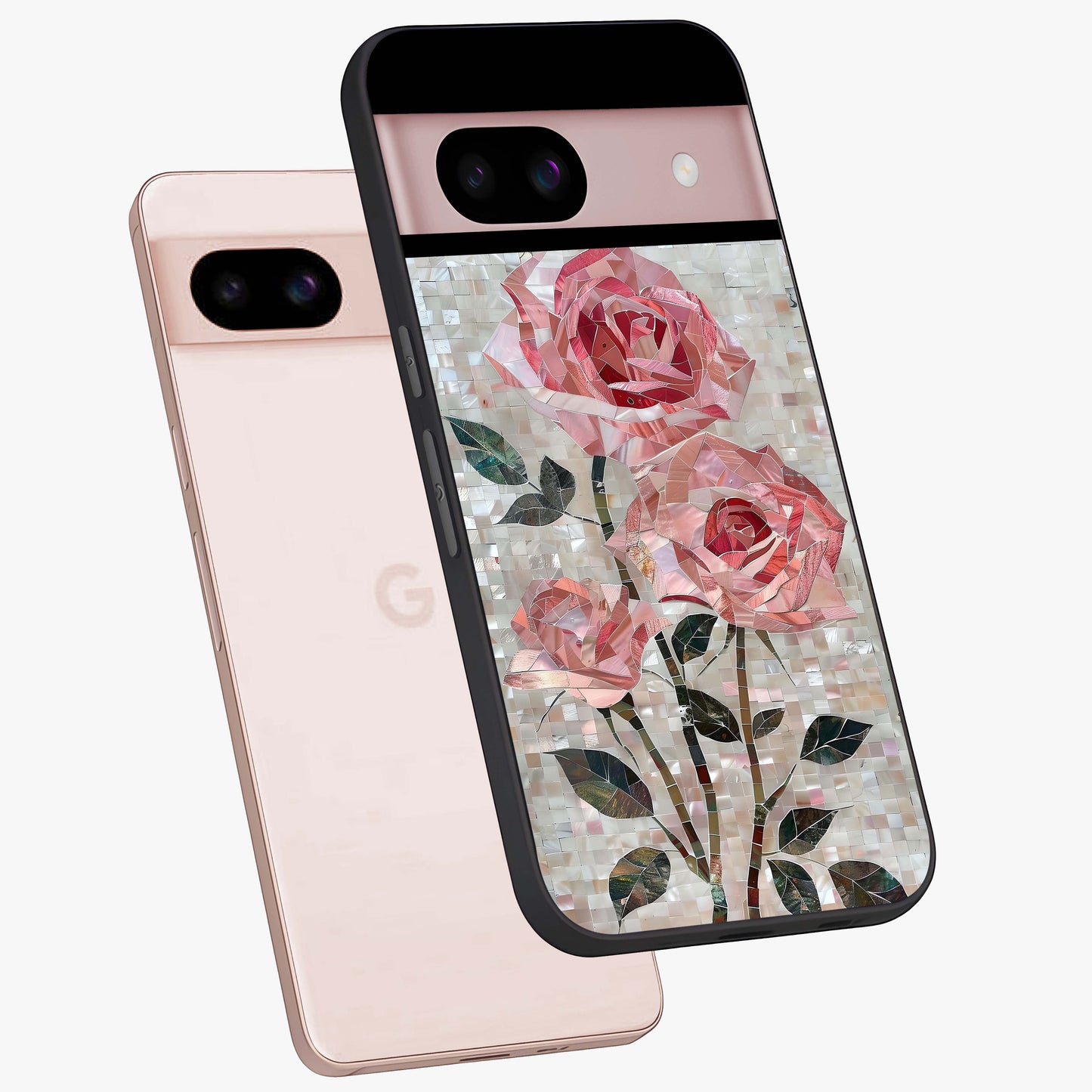Blush Mosaic Bloom Glass Case displayed in angled mockup highlighting artistic mosaic flower pattern with aesthetic design.