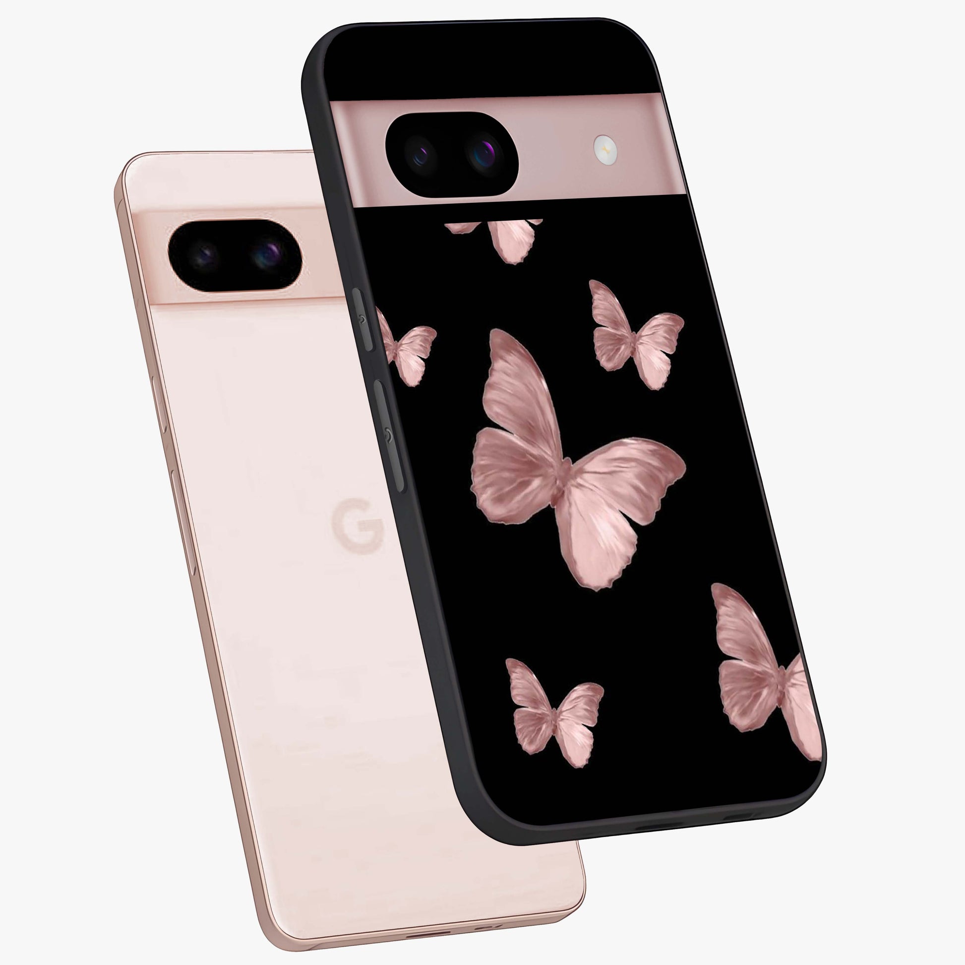 Butterfly Pattern Glass Case displayed in angled mockup highlighting delicate butterfly design and aesthetic pattern style.
