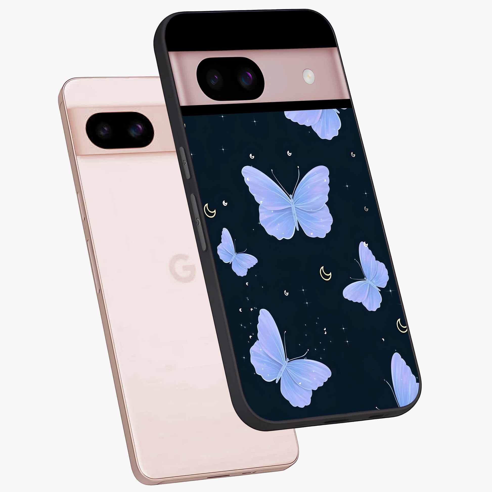 Butterfly With Stars Pattern Glass Case displayed in angled mockup highlighting dreamy butterfly and star design with aesthetic theme.