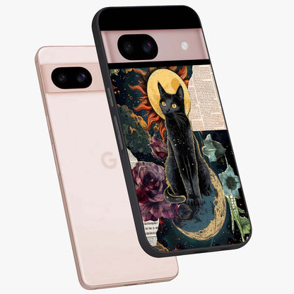 Celestial Black Cat Glass Case displayed in angled mockup highlighting cosmic black cat design with celestial aesthetic.