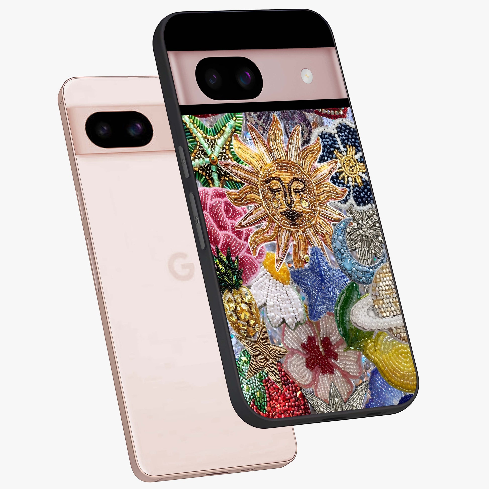Celestial Floral and Playful Glass Case displayed in angled mockup highlighting playful floral design with dreamy celestial elements.