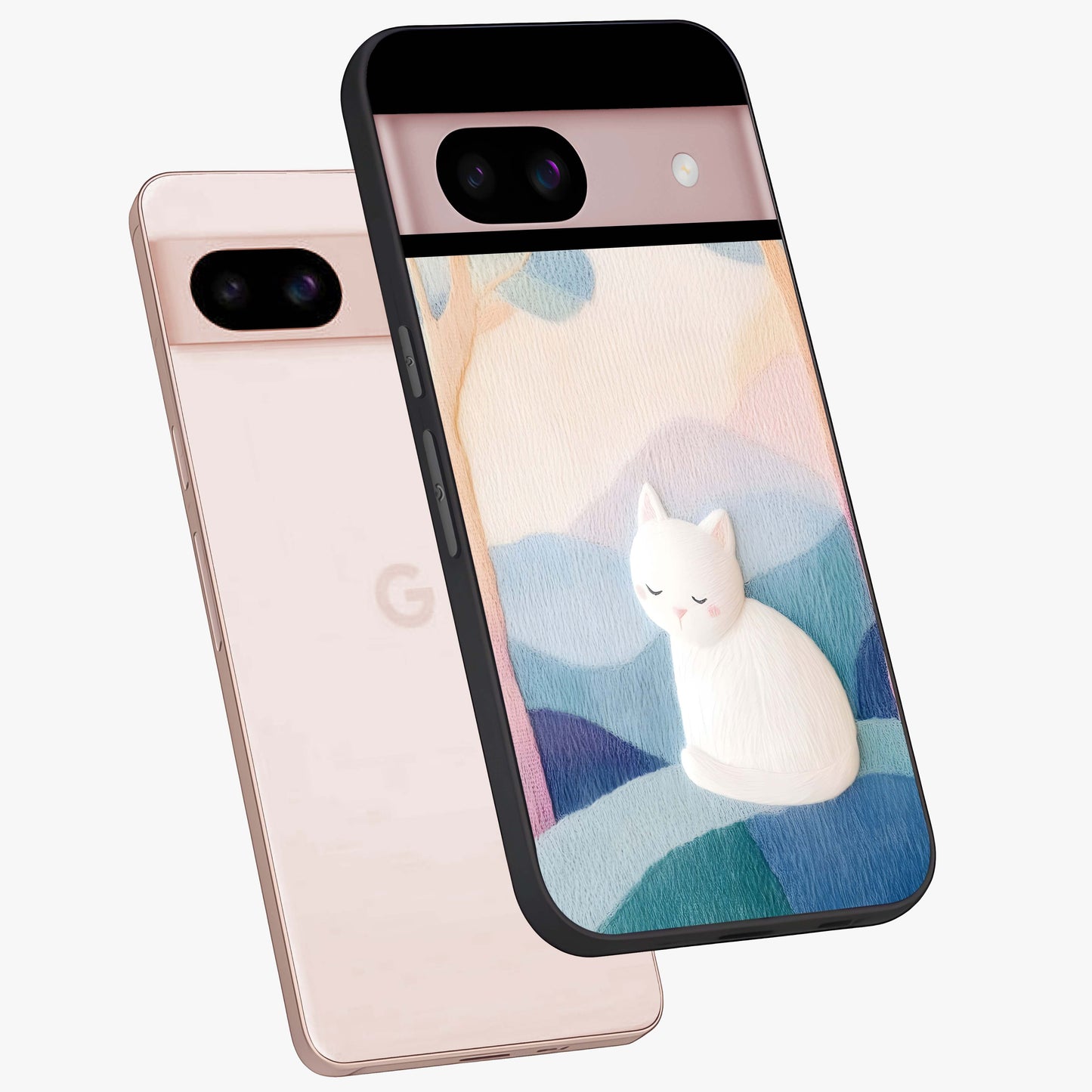 Cotton Dream Cat Glass Case displayed in angled mockup highlighting cute feline illustration with pastel aesthetic style.