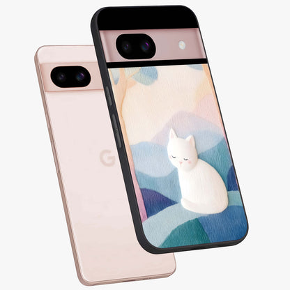 Cotton Dream Cat Glass Case displayed in angled mockup highlighting cute feline illustration with pastel aesthetic style.