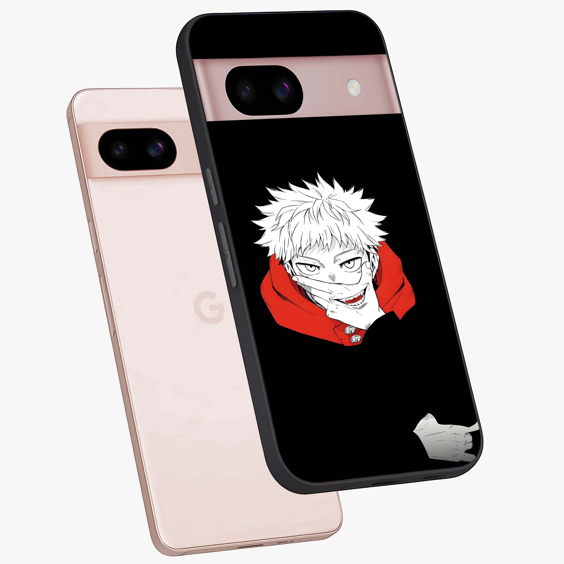 Crimson Chaos Smile Glass Case displayed in angled mockup highlighting edgy crimson smile design with graphic aesthetic.