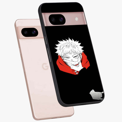 Crimson Chaos Smile Glass Case displayed in angled mockup highlighting edgy crimson smile design with graphic aesthetic.