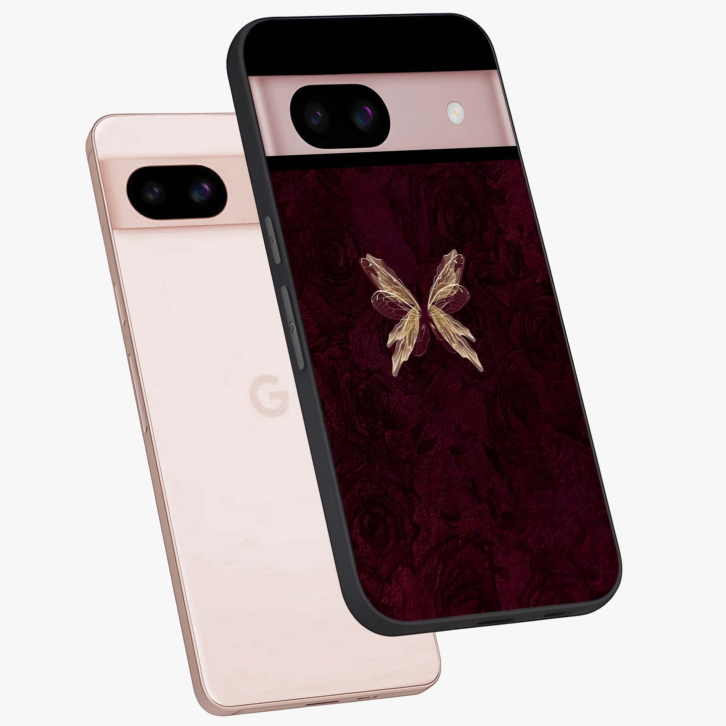 Crimson Fade Butterfly Glass Case displayed in angled mockup highlighting elegant butterfly design with crimson gradient aesthetic.