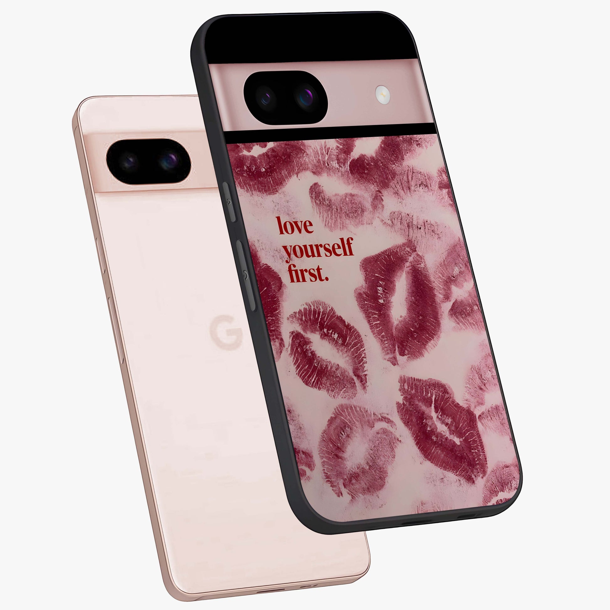 Crimson Kiss Love Glass Case displayed in angled mockup highlighting bold love inspired design with modern aesthetic style.
