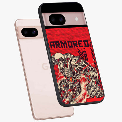 Crimson Mecha Titan Glass Case displayed in angled mockup highlighting futuristic mech illustration with bold crimson aesthetic.