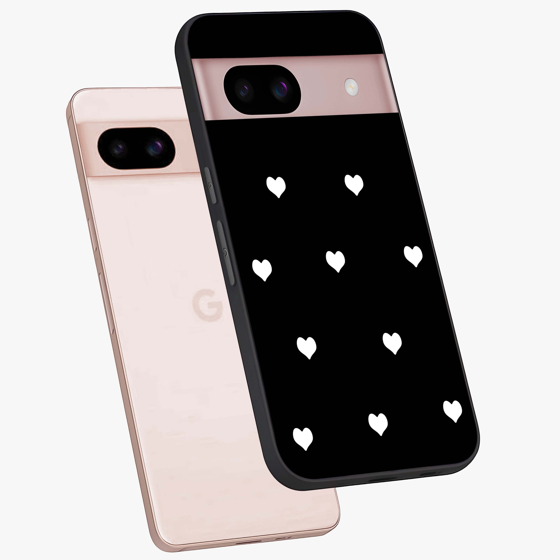 Cute And Simple White Hearts Glass Case displayed in angled mockup highlighting cute heart design with clean aesthetic style.
