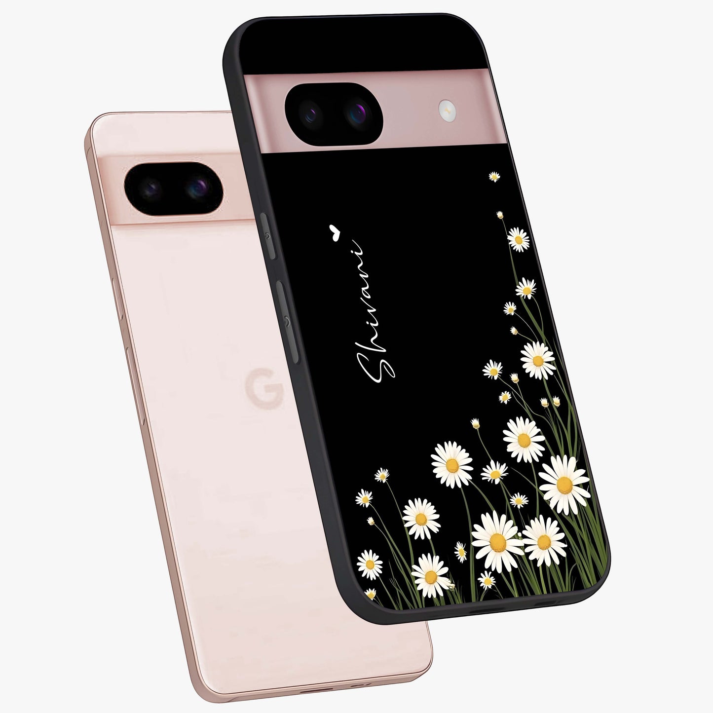 Daisy Cascade Custom Name Glass Case displayed in angled mockup highlighting delicate daisy artwork with custom name feature.