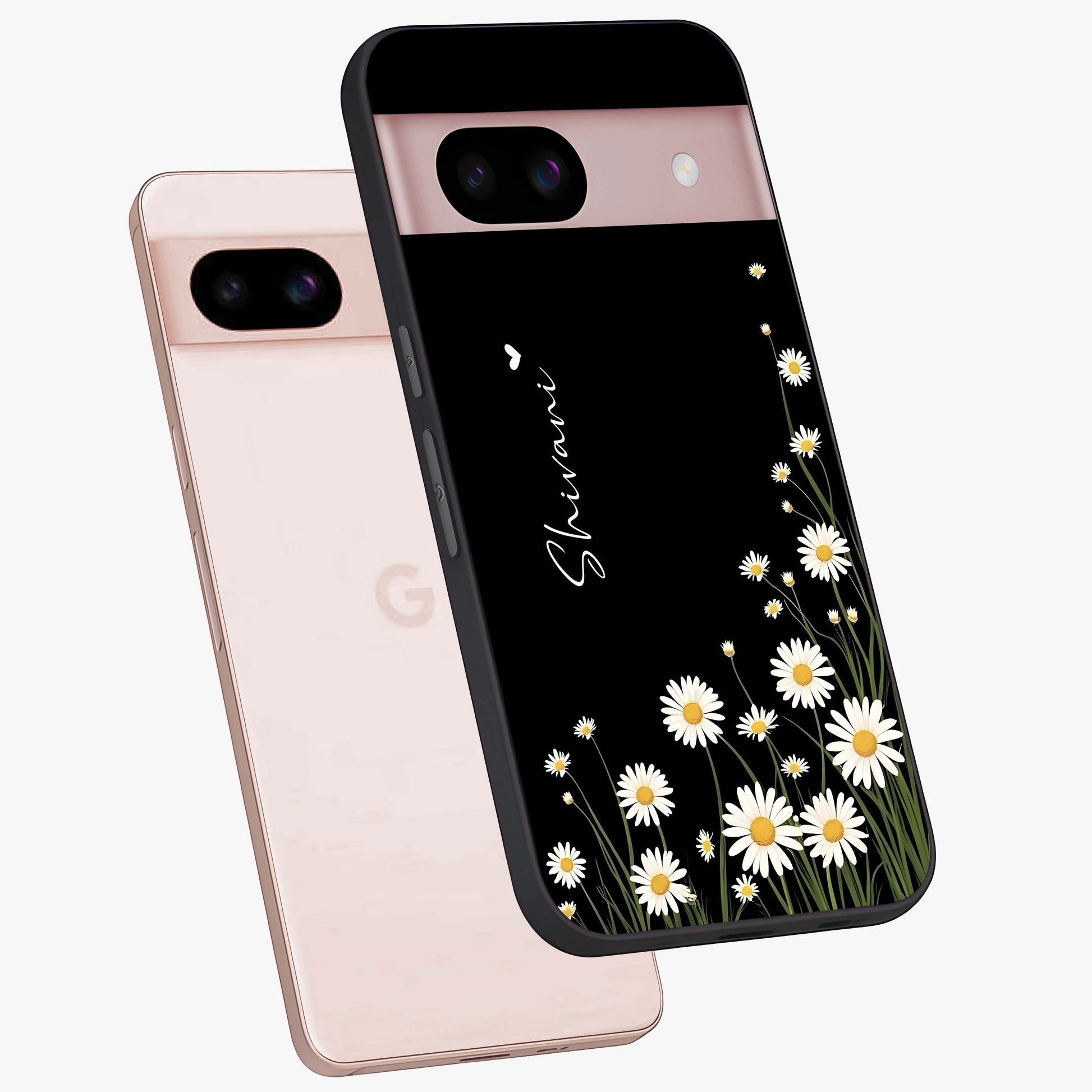 Daisy Cascade Custom Name Glass Case displayed in angled mockup highlighting delicate daisy artwork with custom name feature.