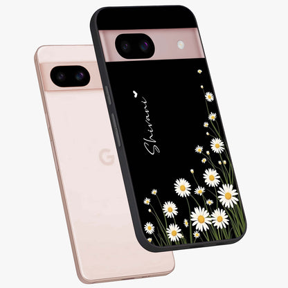 Daisy Cascade Custom Name Glass Case displayed in angled mockup highlighting delicate daisy artwork with custom name feature.