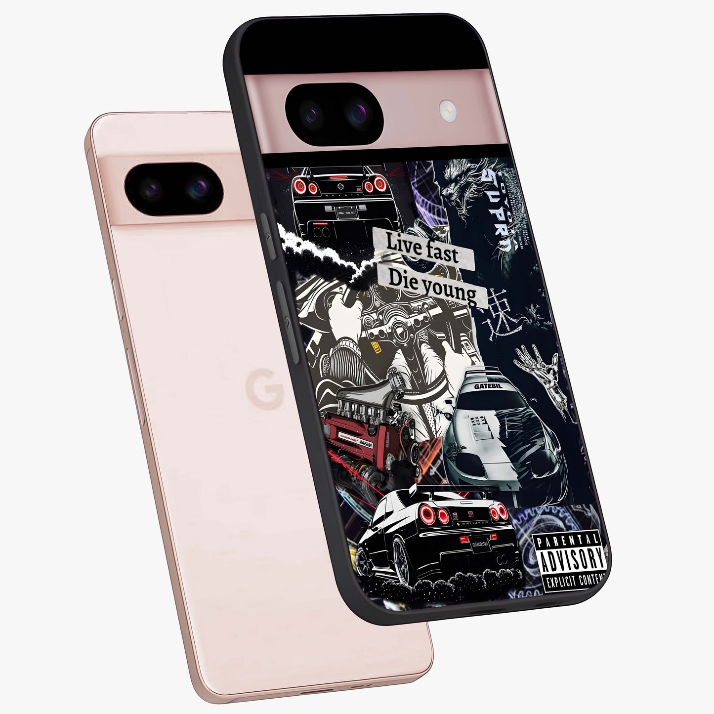 Die Young Glass Case displayed in angled mockup highlighting expressive graphic artwork with edgy aesthetic style.