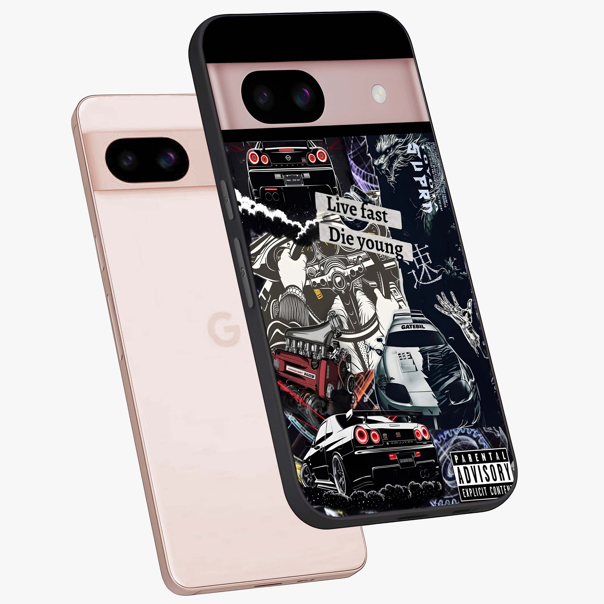 Die Young Glass Case displayed in angled mockup highlighting expressive graphic artwork with edgy aesthetic style.