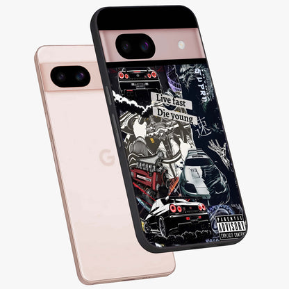 Die Young Glass Case displayed in angled mockup highlighting expressive graphic artwork with edgy aesthetic style.