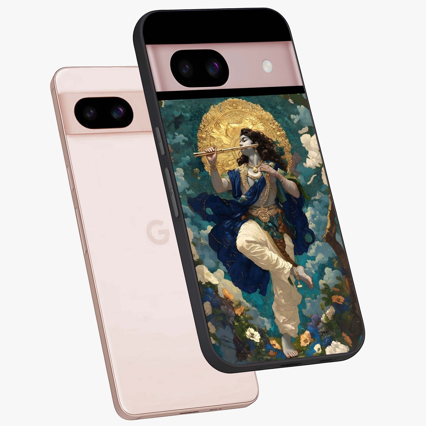Divine Krishna Art Glass Case displayed in angled mockup highlighting spiritual Krishna illustration with devotional aesthetic.