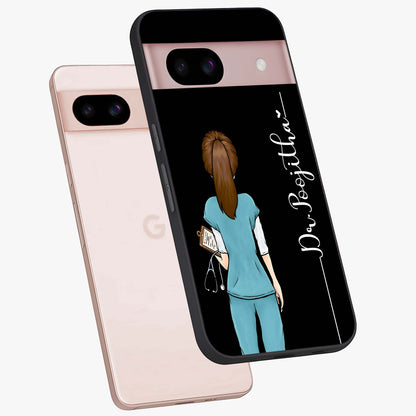 Doctor Pattern Custom Name Glass Case displayed in angled mockup highlighting doctor inspired artwork with custom name feature.