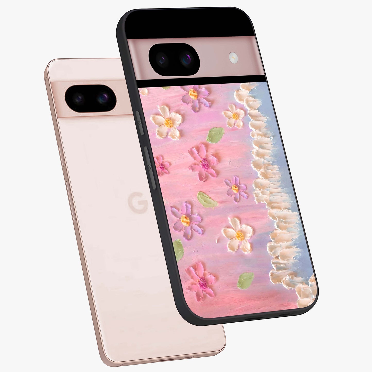 Dreamy Painted Garden Glass Case displayed in angled mockup highlighting colorful garden illustration with dreamy aesthetic style.