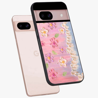 Dreamy Painted Garden Glass Case displayed in angled mockup highlighting colorful garden illustration with dreamy aesthetic style.