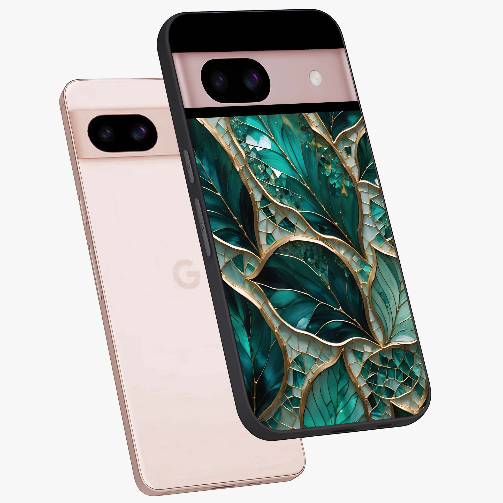 Emerald Leaf Glass Glass Case displayed in angled mockup highlighting botanical leaf illustration with elegant natural aesthetic.
