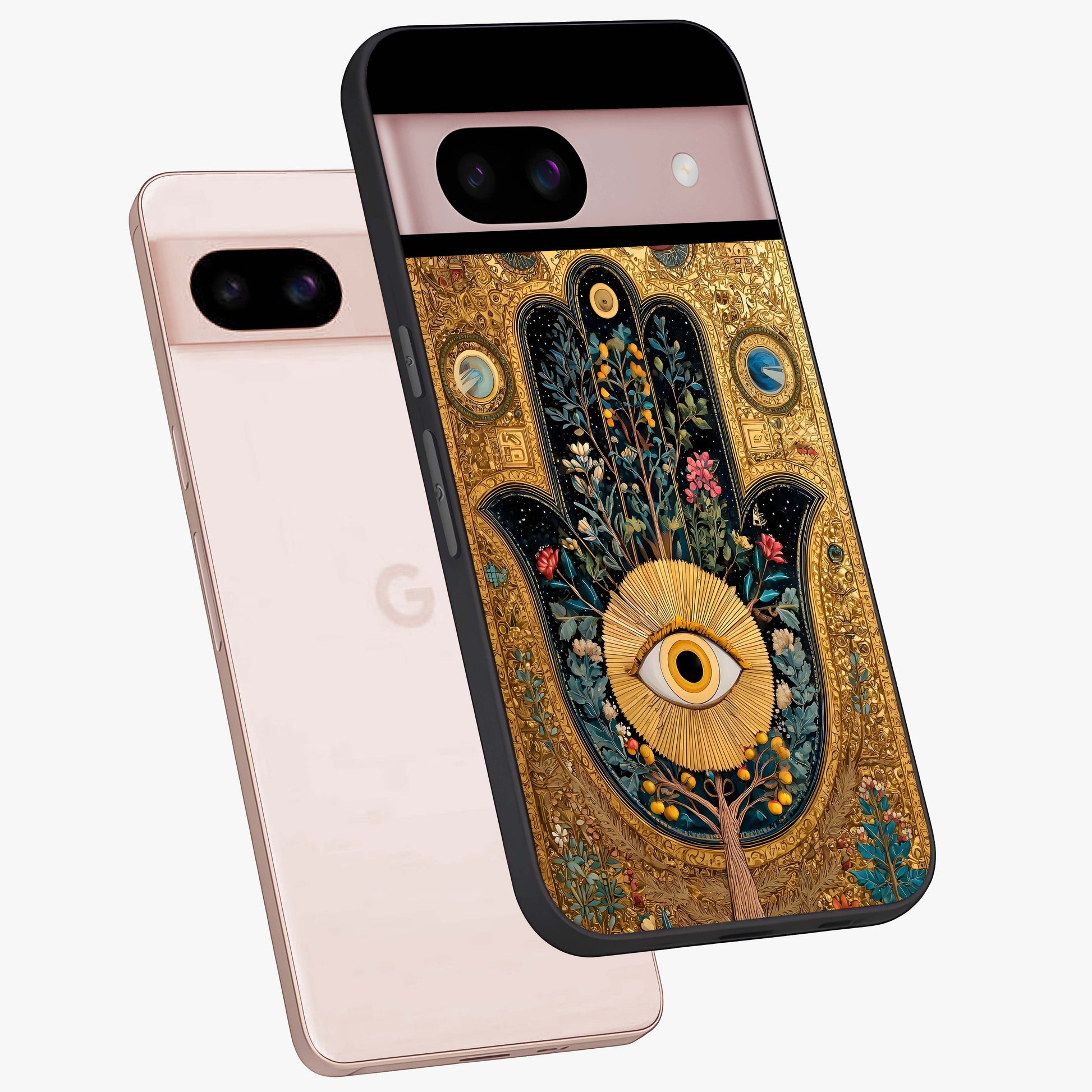 Ethereal Evil Eye Glass Case displayed in angled mockup highlighting protective evil eye symbol with spiritual aesthetic design.