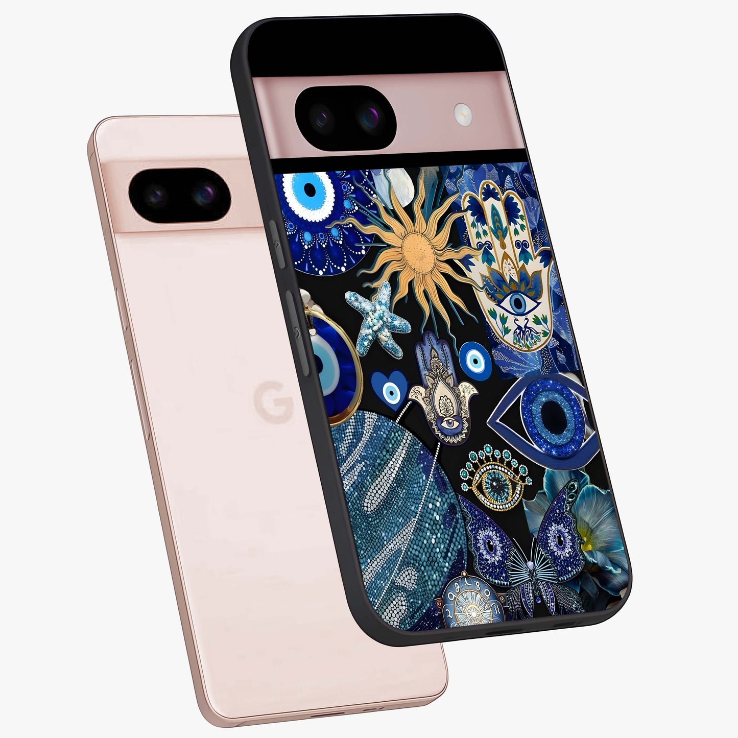 Evil Eye Charm Mix Glass Case displayed in angled mockup highlighting protective evil eye symbols with spiritual aesthetic design.