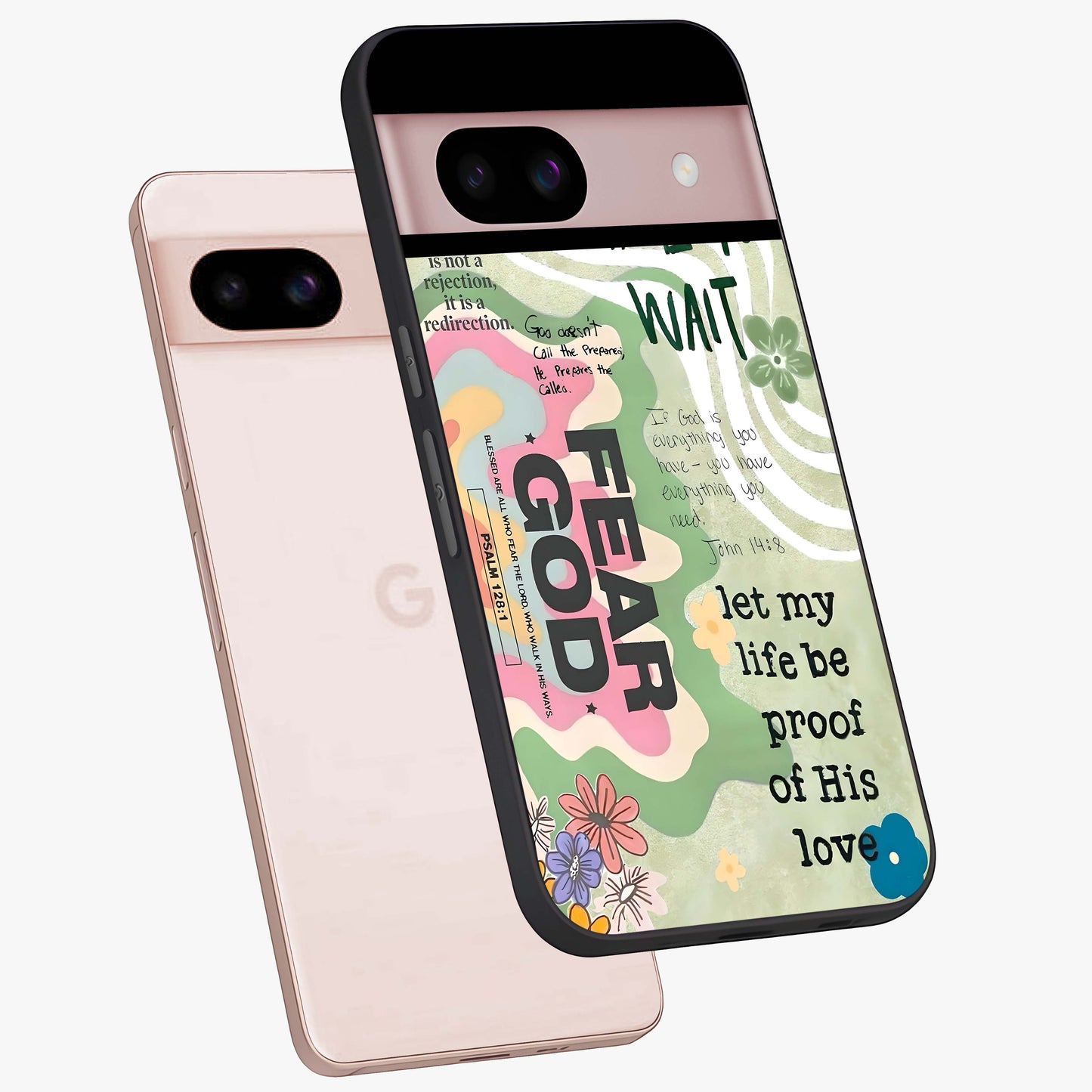 Faith Over Fear Glass Case displayed in angled mockup highlighting inspirational message design with modern aesthetic style.