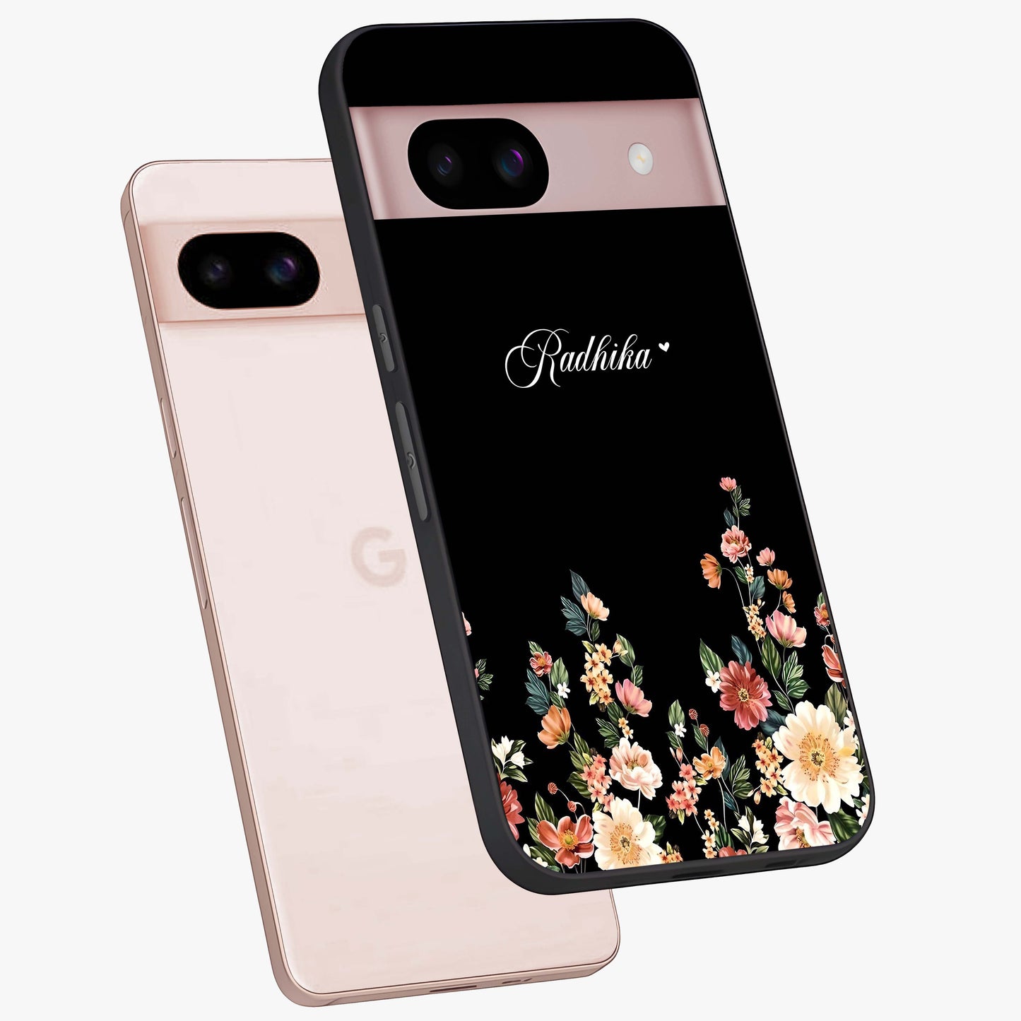 Floral Design With a Custom Personalized Name Glass Case displayed in angled mockup highlighting elegant floral pattern with custom name feature.