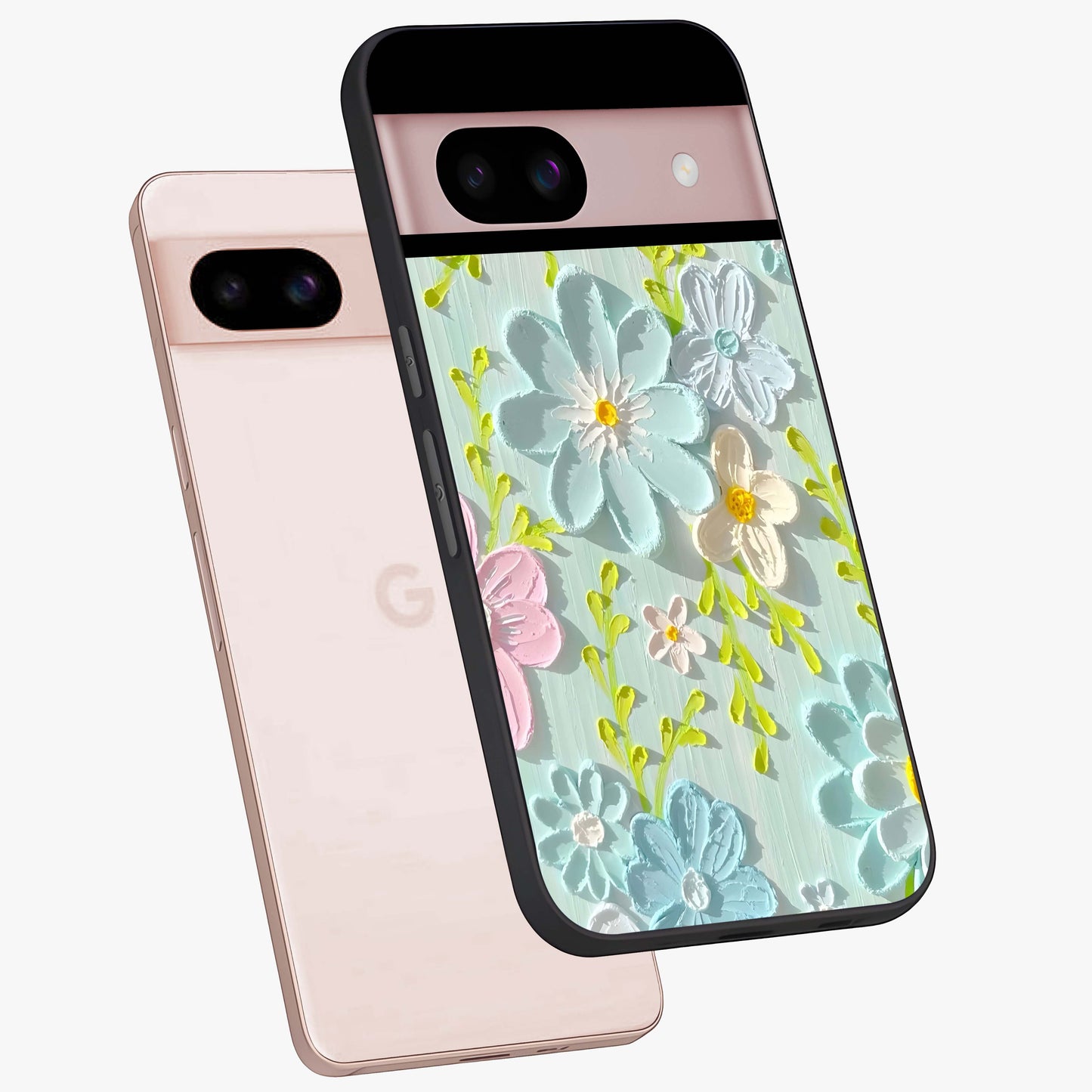 Frosted Petal Garden Glass Case displayed in angled mockup highlighting delicate flower petal design with calm garden aesthetic.
