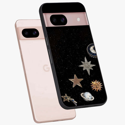 Galactic Charm Glow Glass Case displayed in angled mockup highlighting luminous galaxy inspired design with dreamy aesthetic.
