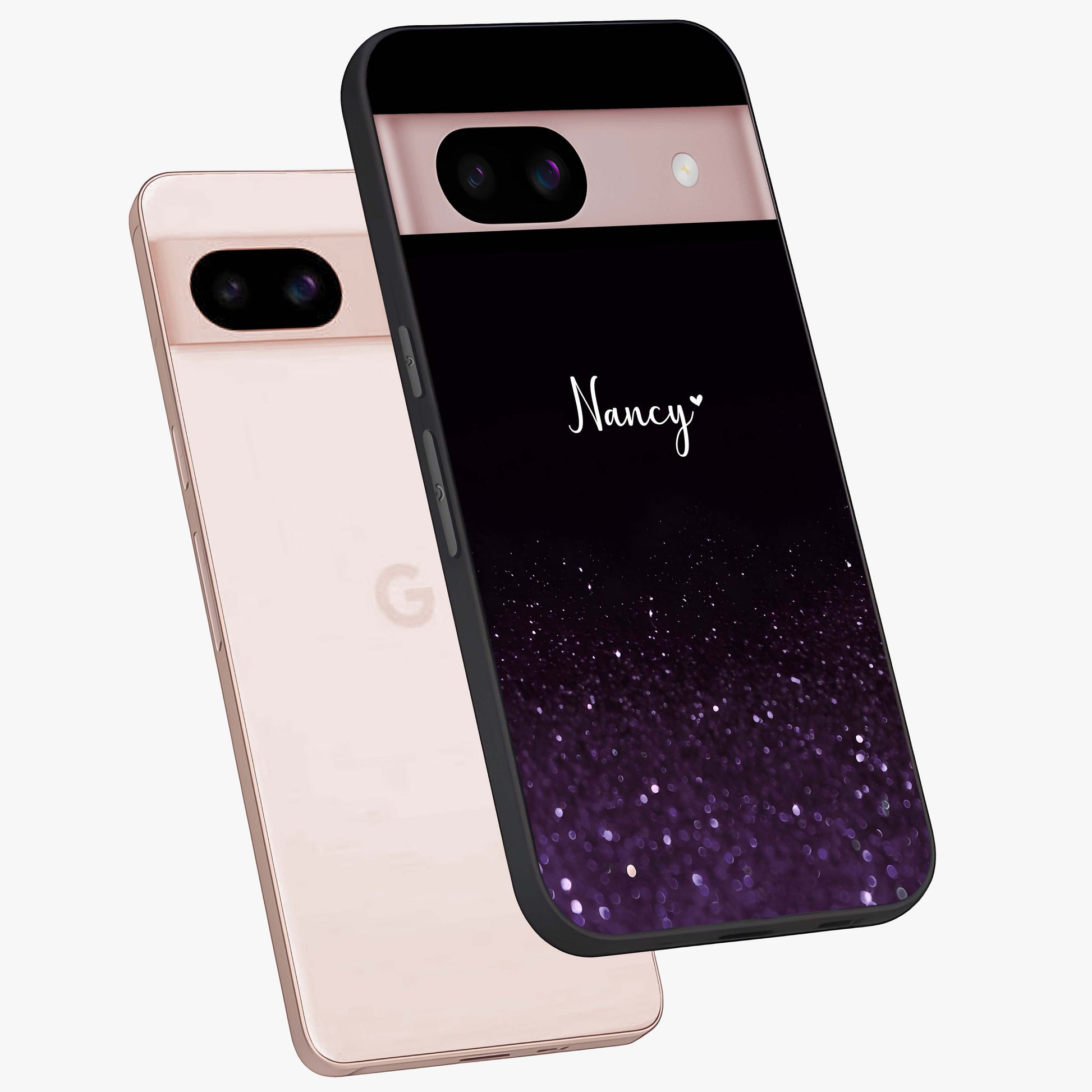 Glittery Purple Bokeh Custom Name Glass Case displayed in angled mockup highlighting glitter bokeh pattern with custom name feature.