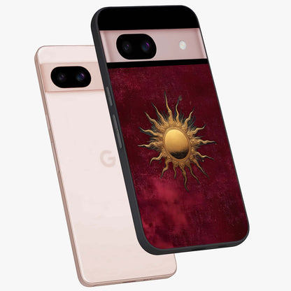Golden Sun Minimalism Glass Case displayed in angled mockup highlighting clean sun symbol design with modern minimal aesthetic.
