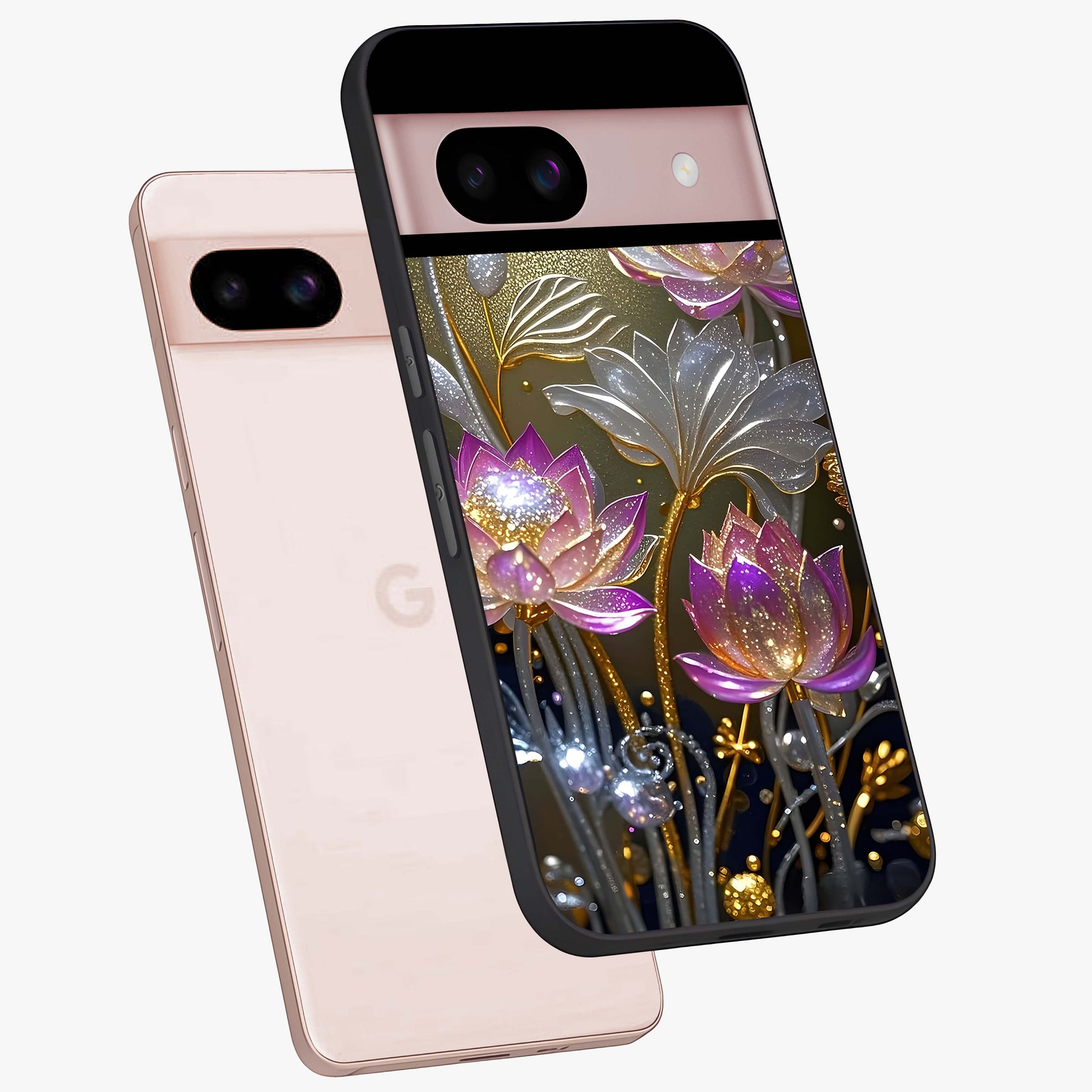 Golden Floral Majesty Glass Case displayed in angled mockup highlighting elegant flower design with royal golden aesthetic.