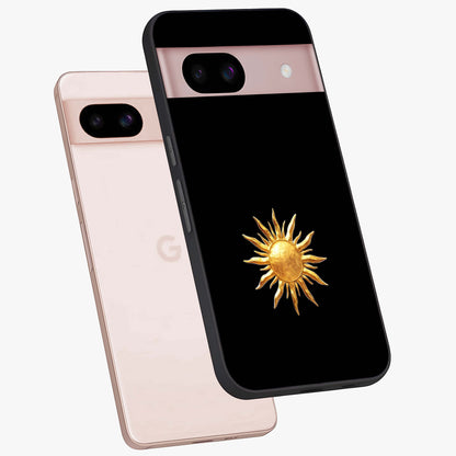 Golden Sun Minimalism Glass Case displayed in angled mockup highlighting eerie shadow illustration with gothic aesthetic.