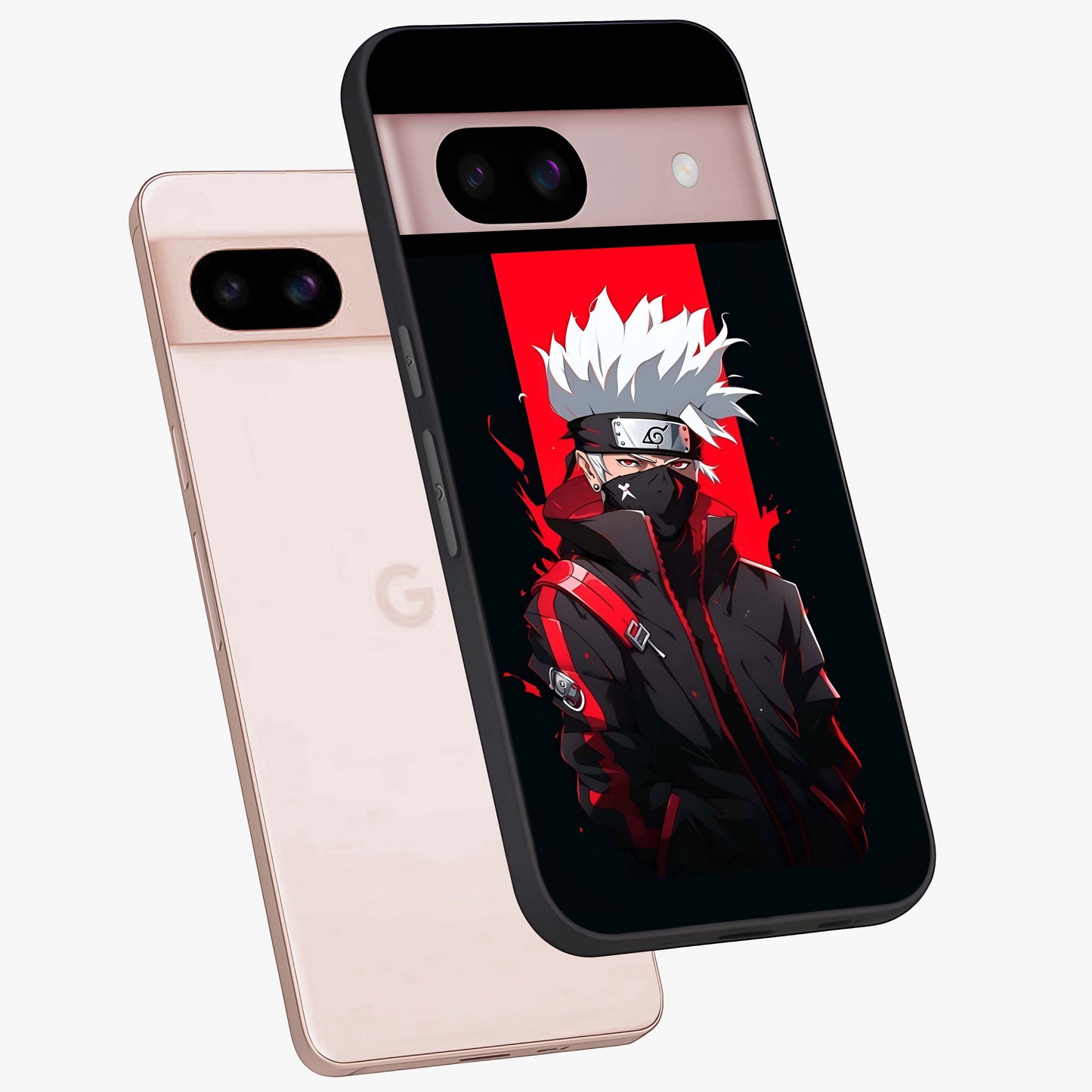 Kakashi Scarlet Shadow Glass Case displayed in angled mockup highlighting dramatic ninja illustration with scarlet themed aesthetic.