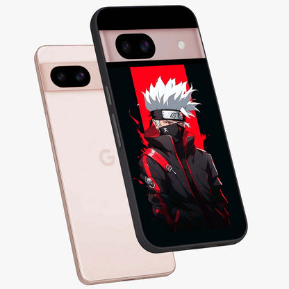 Kakashi Scarlet Shadow Glass Case displayed in angled mockup highlighting dramatic ninja illustration with scarlet themed aesthetic.
